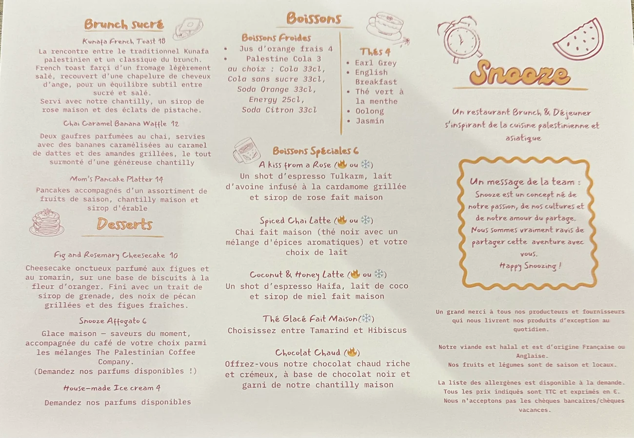 La carte de Snooze, imprimée à la main, posée sur la table